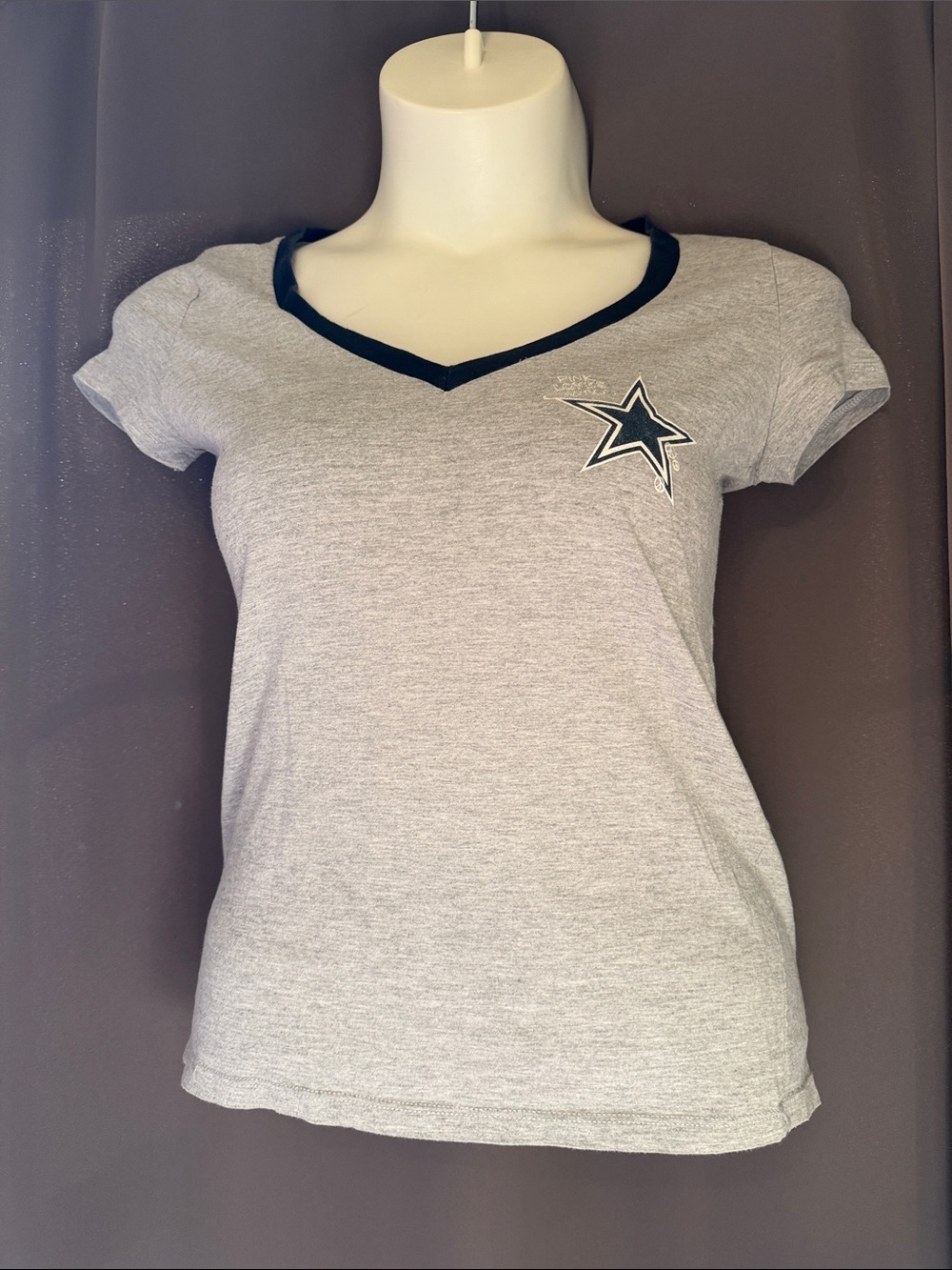 *VINTAGE* PINK Victoria's Secret Gray V-Neck Tee with Navy Trim and Star Patch